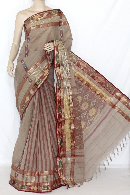 Beige Handwoven Dhaniakhali Bengali Tant Cotton Saree (Without .