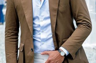 Men's Brown Blazer, Light Blue Long Sleeve Shirt, White Dress .