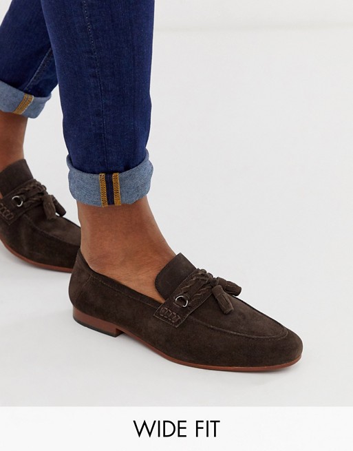ASOS DESIGN Wide Fit tassel loafers in brown suede with natural .