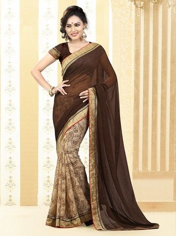 Brown and Light Coffee Color Chiffon Party Sarees : Anandita .