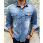 Light Blue Faded Denim Button-Up | Long Sleeve Button-up Shirts .