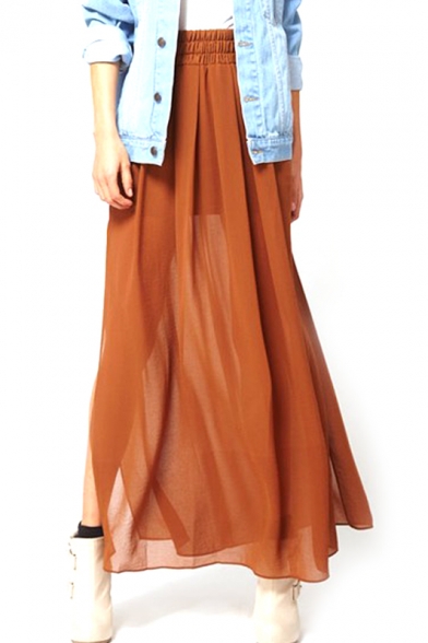 Brown Elastic High Waist Maxi Chiffon Skirt - Beautifulhalo.c