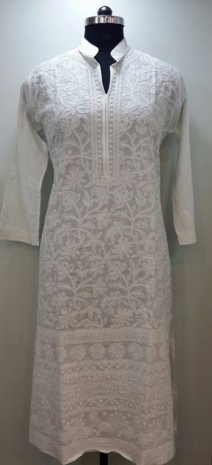 Lucknow Chikan Online Kurti White on White cotton with very fine .