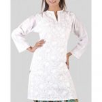 Ladies Cotton Full Sleeves Chikan Stitched White Kurti, Size: XL .