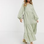 ASOS DESIGN cotton poplin tiered maxi dress with long sleeves in .