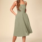 Olive Green Dress - Cotton Midi Dress - Button Front Midi Dre