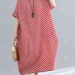 DIY red striped cotton tunics for women Plus Size Tutorials o neck .