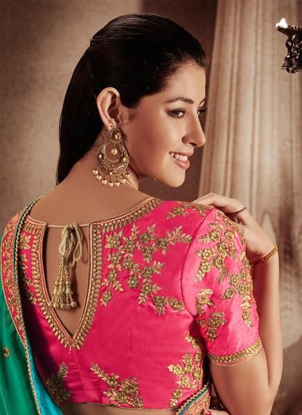 Pink With Shaded Green Jacquard Partywear Saree | Bridal blouse .