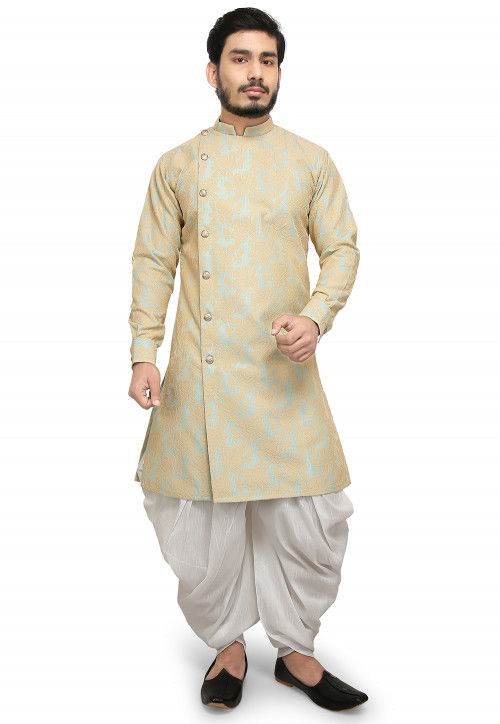 Embroidered Art Silk Dhoti Kurta in Turquoise and Beige : MTX2