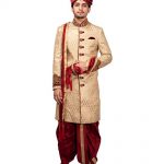 Buy Dulhaghar Men Designer Golden Sherwani with maroon Dhoti set .
