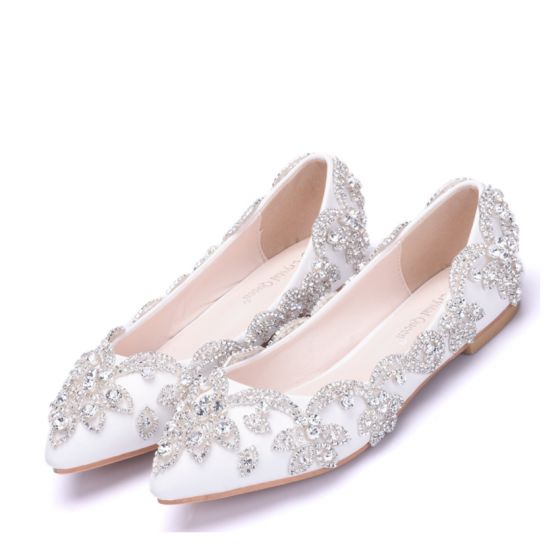 Sparkly White Rhinestone Pointed Toe Flat Wedding Shoes 20