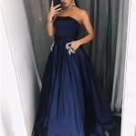 A-Line Strapless Floor-Length Navy Blue Prom Dress with Pockets .