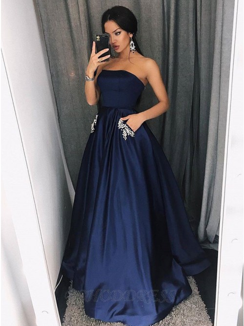 A-Line Strapless Floor-Length Navy Blue Prom Dress with Pockets .