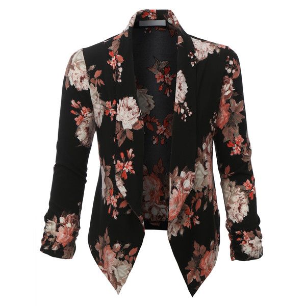 LE3NO Womens Floral 3/4 Sleeve Open Front Blazer ($21) ❤ liked on .