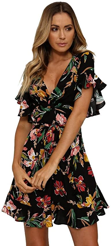 Leewos New! Floral Dresses, Women Sexy V Neck Ruffle Sleeve Swing .