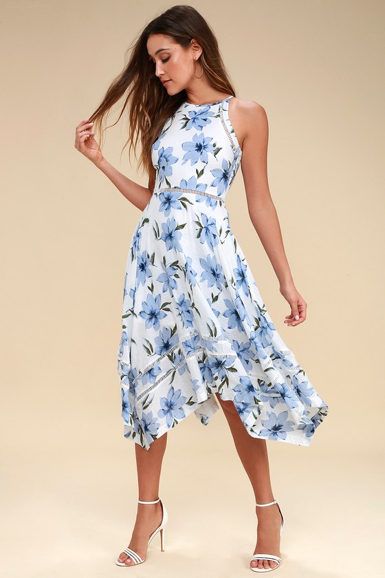 Zahara Blue and White Floral Print Midi Dress – Lulus | Floral .