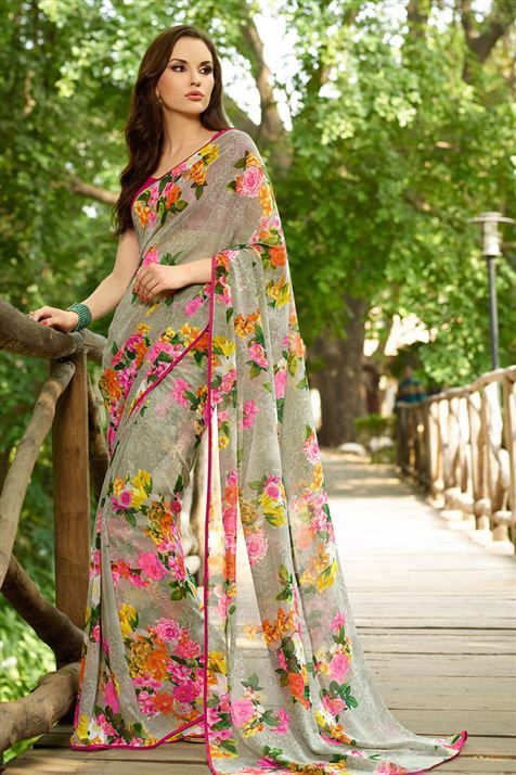 Grey Georgette Floral Print #Saree (With images) | Floral print sare