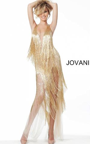 Jovani 59642 plunging neckline beaded fringe couture prom dress .