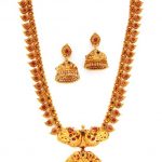 22K Gold 'Peacock' Long Necklace & Earrings Set (Temple jewellery .