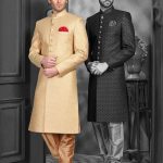 Golden Silk Wedding Wear Achkan Sherwani, Latest Designer men .