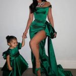 Kylie Jenner Green Off-the-shoulder Satin Formal Dress with Slit .