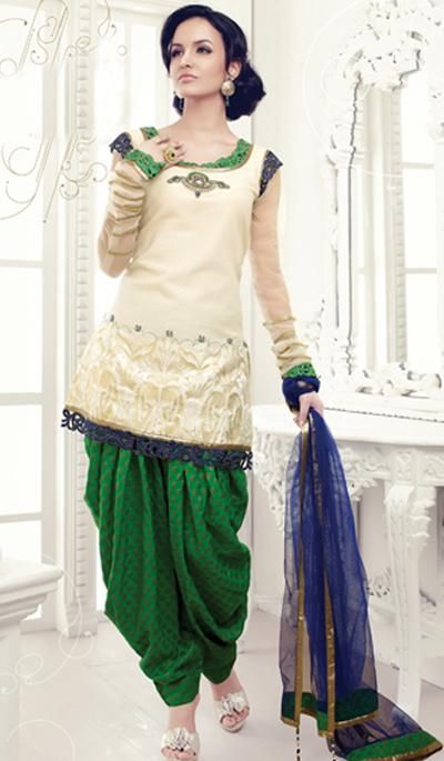 Off White - Green Cotton Silk Embroidered Wedding Salwar Suit - so .