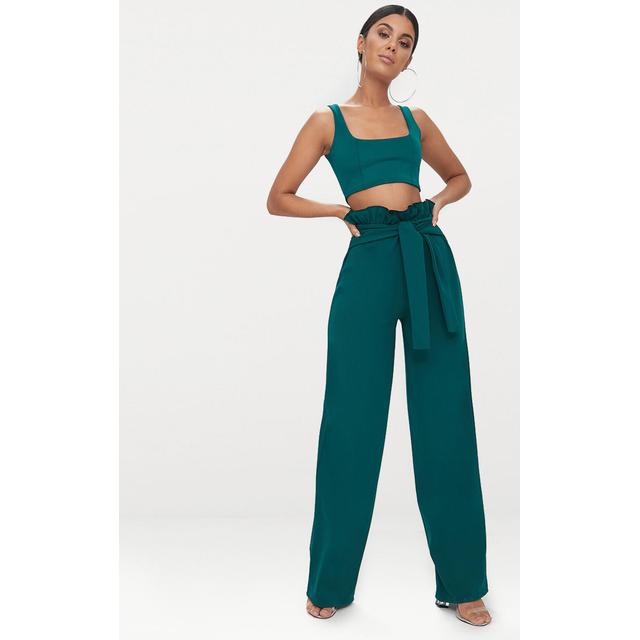 Emerald Green Crepe Paperbag Wide Leg Trousers from .