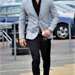 Black shirt and pants with a touch of the light gray blazer. (With .