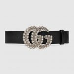 Black Leather Belt With Double G Buckle & Sparkling Crystals .