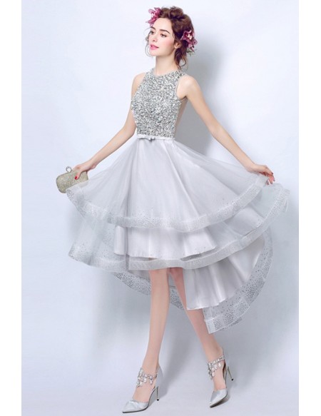 Elegant Silver Sequins Short Prom Dresses High Low A-line High .
