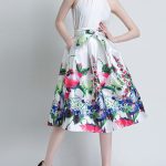 Women's Full Skirt - High Waisted / Floral Print over White / Self .