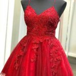 A Line V Neck Backless Lace Red Short Prom Dress Homecoming Dress .
