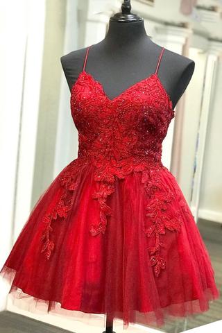 A Line V Neck Backless Lace Red Short Prom Dress Homecoming Dress .