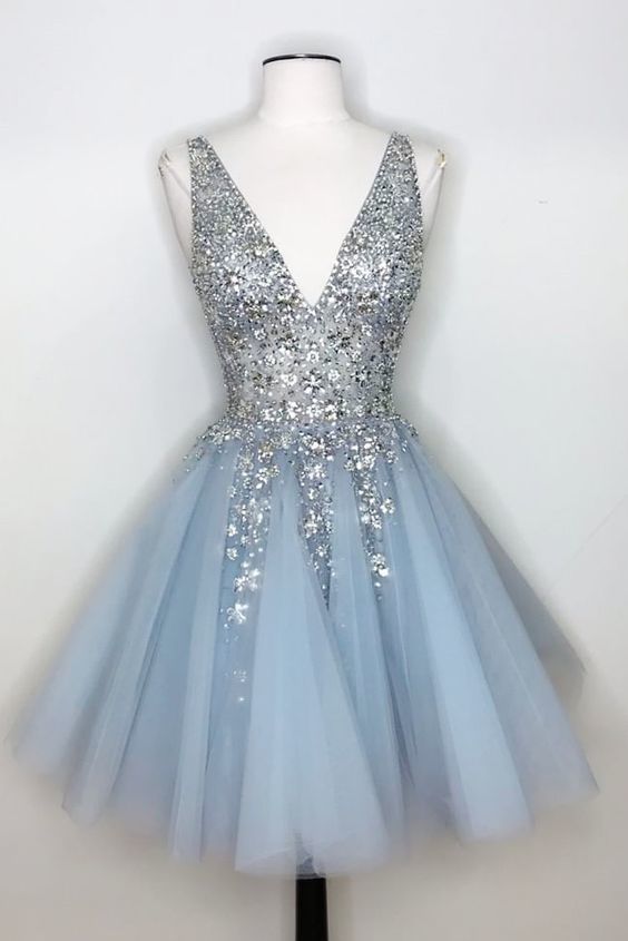 Princess silver sequins and light sky blue short homecoming dress .