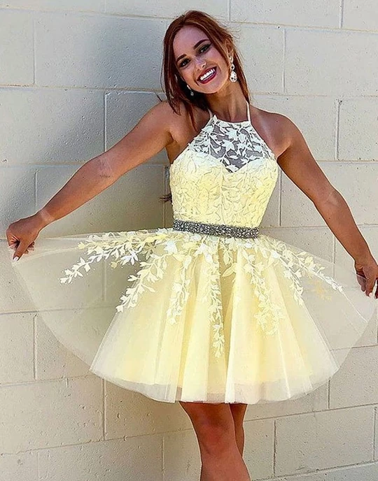 Yellow tulle lace short prom dresses yellow homecoming dresses .