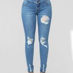 Women's Distressed Denim Jeans - High Waisted Button Front Style .