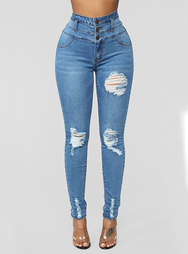 Women's Distressed Denim Jeans - High Waisted Button Front Style .