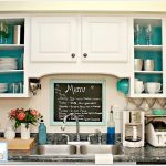 Open Kitchen Cabinets with Aqua, White, Lime Green, and Silver .