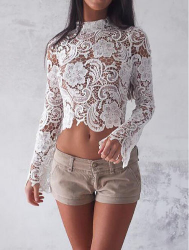 New 2017 Lace Women Crop Top Long Sleeve T shirts Casual Lace Tops .
