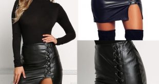 Sexy Black Lace Up PU Leather Skirts Springn Womens Side Slit .