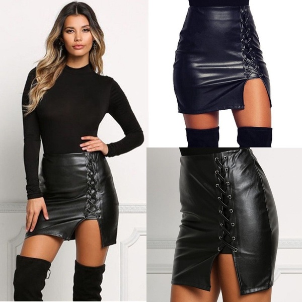 Sexy Black Lace Up PU Leather Skirts Springn Womens Side Slit .