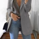 Women's Elegant Lapel Collar Open Front Long Blazer with Pocket .