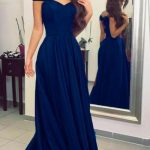 Simple Dark Blue Prom Long Dresses with Off-the-shoulder .