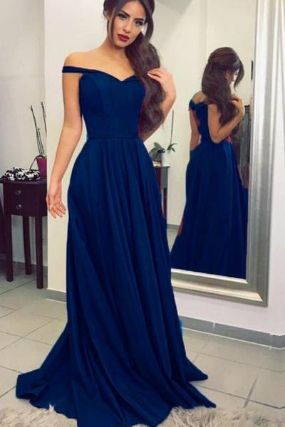 Simple Dark Blue Prom Long Dresses with Off-the-shoulder .