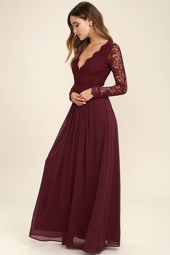Awaken My Love Burgundy Long Sleeve Lace Maxi Dress (With images .