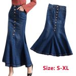 Women Fishtail Long Denim Skirt High Waist Slim Stretch Maxi Jeans .