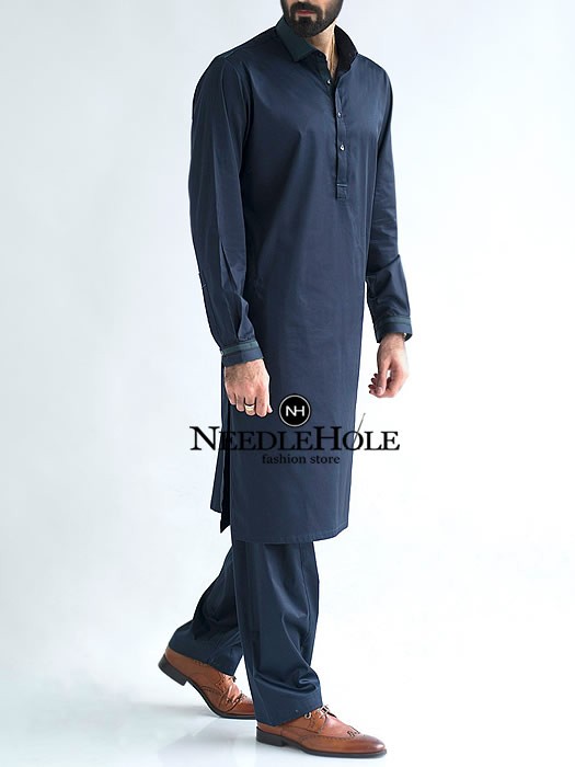 Amir Adnan Pakistani mens salwar kameez design in dark bl