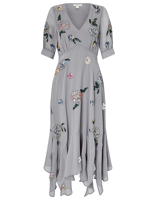 Harriette Embellished Hanky Hem Midi Dress | Grey | UK 24 / US 20 .