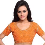 Orange Color Raw Silk Embroidered Readymade saree blouse designs .