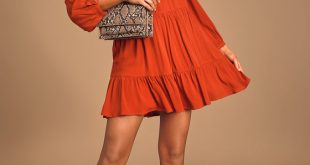 Rust Orange Dress - Long Sleeve Swing Dress - Tiered Mini Dre